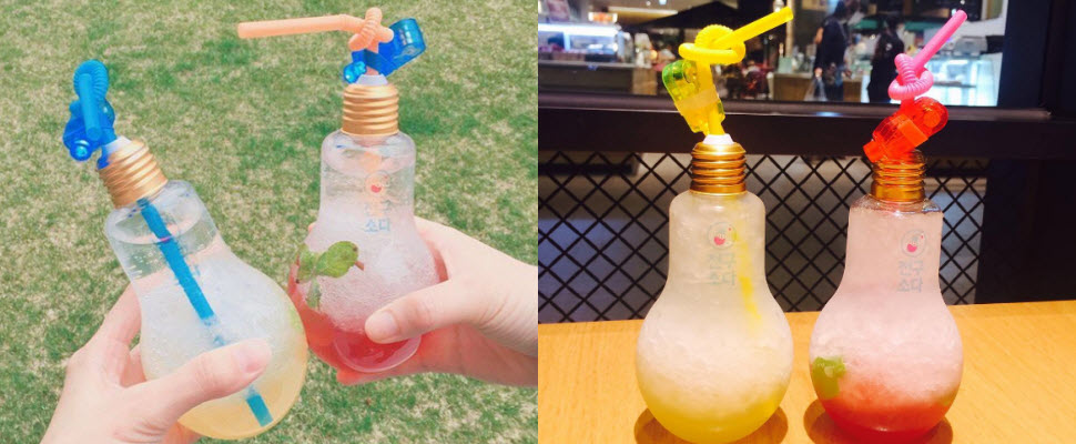 韓妞邊逛街邊喝燈泡，心情好到飛上天～